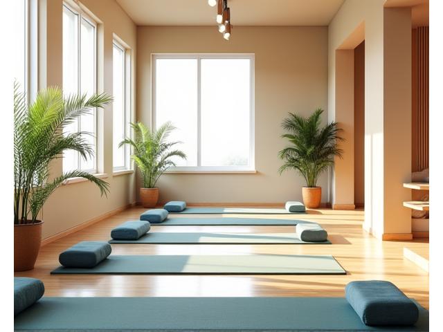 Intérieur chaleureux et lumineux du studio Minuteur Gourmand à Paris, avec des tapis de yoga, des coussins de méditation et une ambiance paisible.