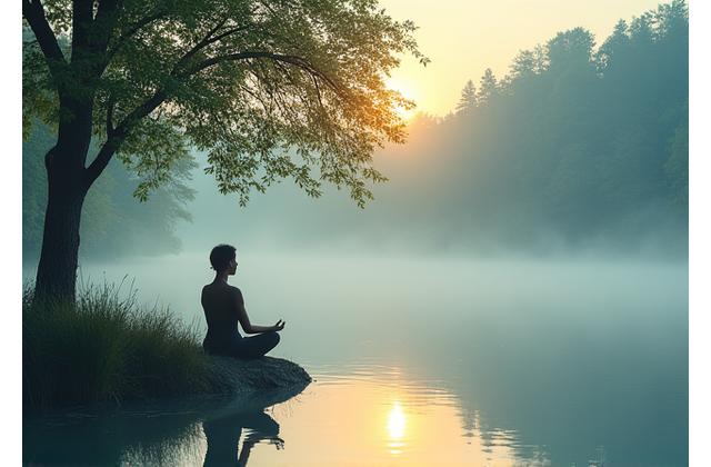 Personne méditant en pleine nature, ambiance sereine